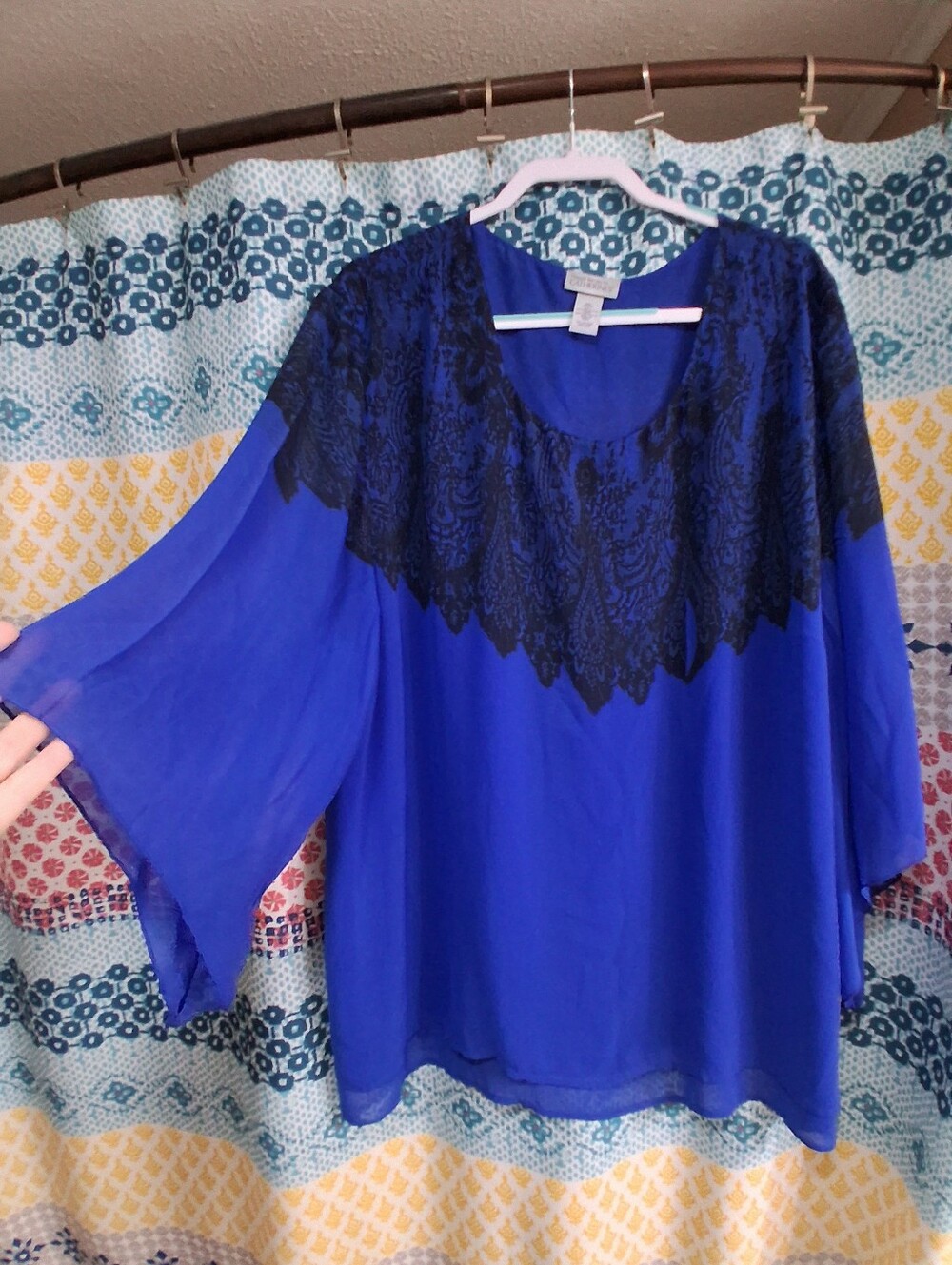 Catherines Chiffon Overlay Women’s Top with Black Lace Detail - Royal Blue